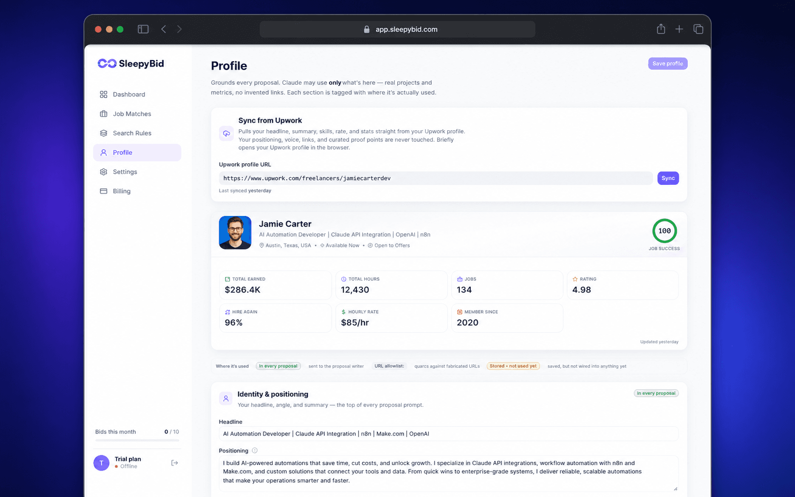 SleepyBid profile page syncing headline, stats and proof points from a real Upwork profile